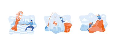 Ofisin mali büyümesini kontrol etmek. Bir iş adamı uçurumdan atlıyor. Çalışanlara uçurumun tepesine tırmanmalarını söyle. Mali kontrol sahneleri konsepti. Düz vektör resimlemesini ayarla.