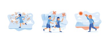 Okula dönelim. Çocuklar tarlada kağıt yel değirmenleriyle oynuyorlar. Oğlanlar pilot olmayı hayal eder. Çocuk konsepti. Düz vektör resimlemesini ayarla