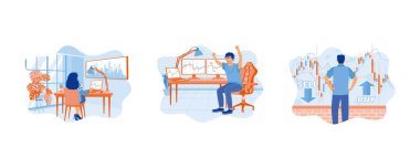 Dizüstü bilgisayardaki borsa alım satım endekslerini analiz ediyorum. Alım ve satım seçeneklerini belirleyin. Başarılı borsayı kutlayan bir borsacı. Hisse senedi konsepti. Düz vektör resimlemesini ayarla