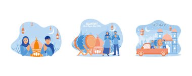 Genç çiftler birbirlerini affeder ve birbirlerine mutlu bayramlar diler. Davulun yanında duruyor. Çocuklar bayram arifesinde takbir gösterisi yapıyor. Bayramın kutlu olsun. Düz vektör resimlemesini ayarla .