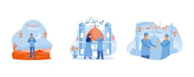 Kurban Bayramı 'na hoş geldiniz. İki Müslüman Zafer Günü 'nü kutluyor. Birbirinizi affedin. Bayramın kutlu olsun. Düz vektör resimlemesini ayarla .