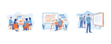 Bilişim uzmanlarından oluşan bir ekip bilgisayarların önünde oturuyor. Ekran bilgisayar betiği kodlamasını gösterir. Mobil uygulamalar geliştiriliyor. APP kavramı yok eder. Düz vektör resimlemesini ayarla.