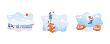 İmkansız metni mümkün kıl. Güzel ve zarif genç bayan kendinden emin görünüyor. Kişisel gelişim konsepti. Düz vektör resimlemesini ayarla.