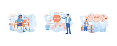 Gece çalış. Sanal ekran kullanan bir adam. Ekranda çevik geliştirme yazılımı geliştir. Yazılım geliştiricileri konsepti. Düz vektör resimlemesini ayarla.