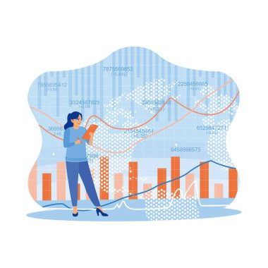 Forx grafikli dijital tablet kullanan genç bir kadın. Sanal ekrandaki finansal tabloları analiz ediyorum. Teknoloji ve finans kavramı. Modern vektör düz resimleme eğilimi