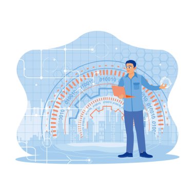 Dijital iş hologramı olan bir dizüstü bilgisayar kullanan bir erkek. İş adamları şehir binalarının arka planında duruyorlar. Eski Grafik Hologramı ile Kavram Teknolojisi. Modern vektör düz resimleme eğilimi