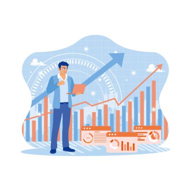 İş adamı yaratıcı grafikleri olan bir dizüstü bilgisayar kullanıyor. Dijital finans sektörü veri grafiği üzerinde çalışan bir iş adamı analisti. Finans ve ticaret konsepti. Modern vektör düz resimleme eğilimi
