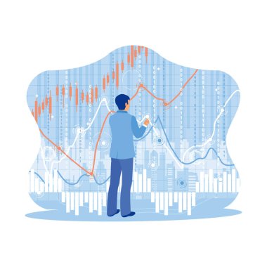 Sanal ekranda grafikleri ve fütüristik dünya haritası olan bir iş adamı. Bulanık şehir manzarasına karşı yaratıcı ön x çizelgeleri kullanmak. Teknoloji ve finans kavramı. Modern vektör düz resimleme eğilimi