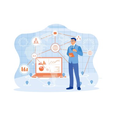 Küresel ağ bağlantısı olan dijital teknoloji tableti kullanan bir işadamı. İş simgeleri sanal ekranlarda ve dizüstü bilgisayarlarda görünür. Teknoloji ve finans kavramı. Modern vektör düz resimleme eğilimi