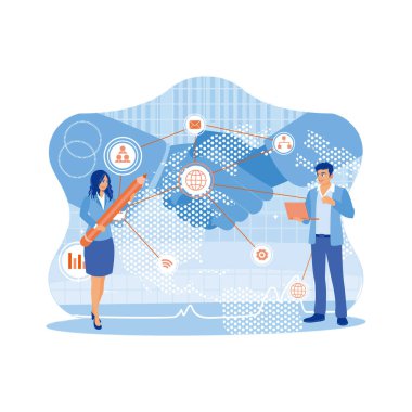 Küresel ağ bağlantıları ve grafikleri olan dijital teknolojiyi kullanan çeşitli iş adamları. İş ortaklarının el sıkışması. Finans ve ticaret konsepti. Modern vektör düz resimleme eğilimi