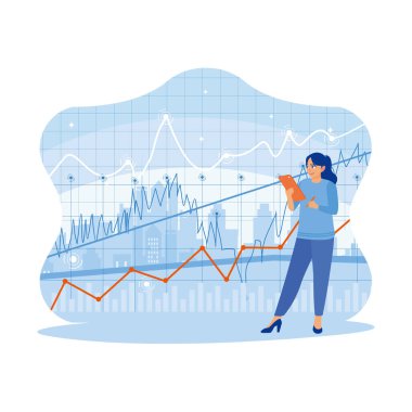 Ön yüz arayüzü olan bir tablet kullanan genç bir kadın. Yatırım ve teknoloji. Finans ve ticaret konsepti. Modern vektör düz resimleme eğilimi