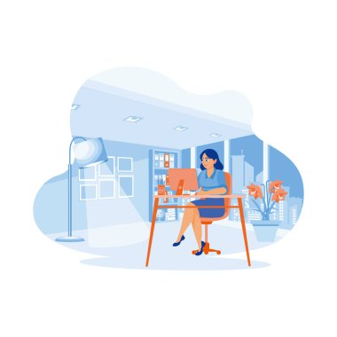 Genç işletmeler geceleri bilgisayarların önünde çalışmakla meşgul. Müşterilerle konuş. Çalışan Yapım konsepti. trend düz vektör modern illüstrasyon