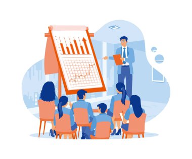 Erkek patron ofis çalışanlarına beyaz tahta sunumu yapıyor. Çalışanlar ofiste yapılan toplantılarda liderin açıklamasını dinlerler. Brifing konsepti. Modern vektör düz resimleme eğilimi