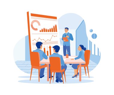 Gözlüklü koçluk işinde yetenekli bir lider. Çalışanlar sunum sırasında liderin açıklamasını dinlerler. Brifing konsepti. Modern vektör düz resimleme eğilimi