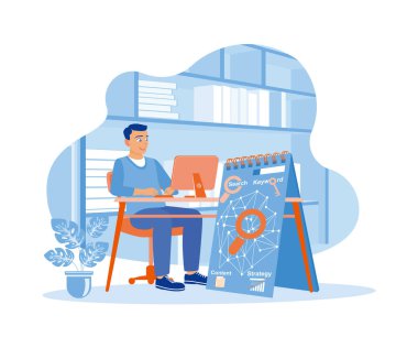 Bir iş adamı elinde defter ve Seo optimizasyon şeması olan bir bilgisayarın önünde oturuyor. Web içeriği için arama motoru ile internet iş geliştirme kavramı. İkinci konsept. Modern vektör düz resimleme eğilimi