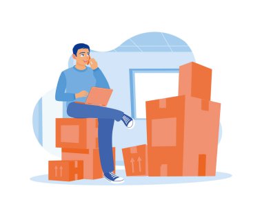 Küçük işletme sahipleri cep telefonlarıyla konuşur ve emirler alır. Merkez büroda çalışan bir işadamı emirleri telefonla onaylıyor. Doğrulama Emri. Düz vektör illüstrasyonu.