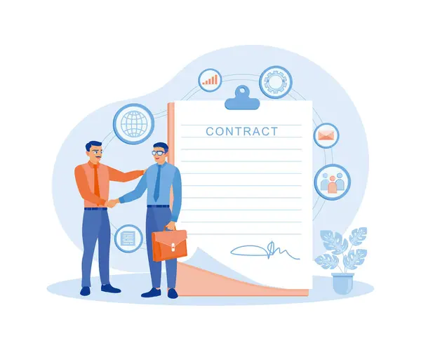 Two Businessmen Shaking Hands Signing Business Contract Paper Contract Agreement — Stock Vector