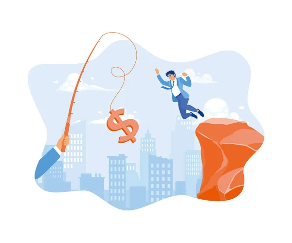 Businessman Jumps Cliff Catch Gold Dollar Symbol Hook Finance Control — Stock Vector
