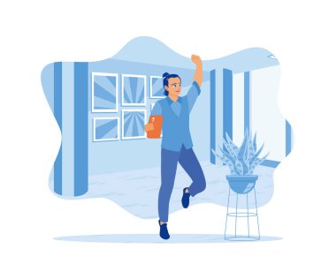 Elinde akıllı telefon olan mutlu bir adam. Atlamak ve ofis başarısını kutlamak için el kaldırmak. Kutlama konsepti. Düz vektör illüstrasyonu.