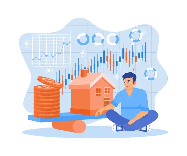 Young Man Balancing House Model Pile Gold Coins Seesaw House — Stock Vector