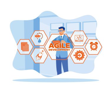 Gözlüklü bir adam modern bir ofiste dijital tablet kullanıyor. Çevik gelişimi olan bir yazılım geliştirin. Yazılım geliştiricileri konsepti. Düz vektör illüstrasyonu.