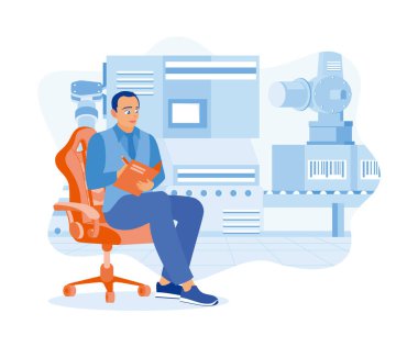 Fabrika işletmecisi kalem ve belge kullanıyor. Endüstriyel güvenlik risk değerlendirmelerini denetleyin. Mali kontrol sahneleri konsepti. düz vektör modern illüstrasyon