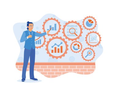 Erkek müdür KPI 'nin mali tablolarına ve grafiklerine bağlı dişlilere dokunuyor. İş analizi konsepti. Düz vektör illüstrasyonu.