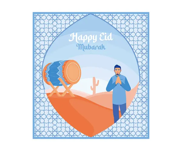 Iloinen Muslimimies Toivottaa Tervetulleeksi Eid Fitrin Happy Eid Fitr Happy — vektorikuva