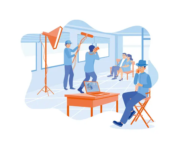 Film Crew Team Two Models Filming Indoors Director Gives Orders — Stock Vector