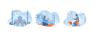 Müslüman kutsal ayı. Peci giyen bir adam dua paspasında dua ediyor. Müslüman aileler birlikte dua eder. Ramazan Kareem konsepti. Düz vektör illüstrasyonunu ayarla.