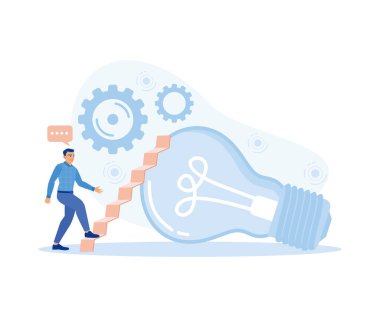 Adam basamakları tırmanıyor ve başarıya ulaşmak için bir çalışma planı yapıyor. İş fikri konsepti. Düz vektör illüstrasyonu.