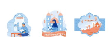 Camide Kur 'an okuyan Müslüman erkek ve kadın. İçinde kum bulunan bir mescid ve hurmalıklar var. Ramazan Kareem konsepti. Düz vektör resimlemesini ayarla.