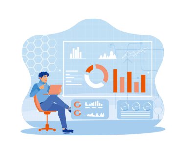 Genç iş adamı finansal haritaları analiz etmek ve iş pazarlamasını planlamak için dizüstü bilgisayar kullanıyor. Programlama Takımı 'nı başlat. İş Mali Analizi için Büyük Veri Teknolojisi. trend düz vektör modern illüstrasyon