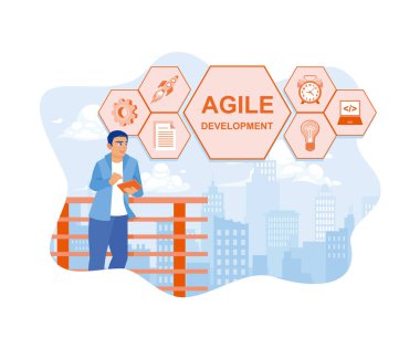 Bilgi işlem uzmanı dijital tablet kullanıyor. Ekranda çevik geliştirme yazılımı geliştir. Yazılım geliştiricileri konsepti. düz vektör modern illüstrasyon