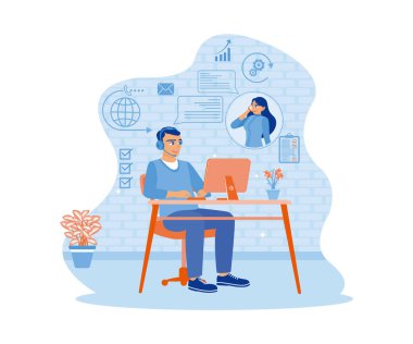 Çağrı merkezinde çalışan dost canlısı genç bir adam. Operatörler ve müşteriler. Müşteri hizmetleri konseptini arayan bir kadın. düz vektör modern illüstrasyon