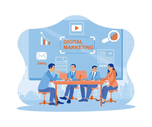 Diversos Empresarios Celebran Reuniones Sala Presentación Planificación Del Marketing Digital — Vector de stock