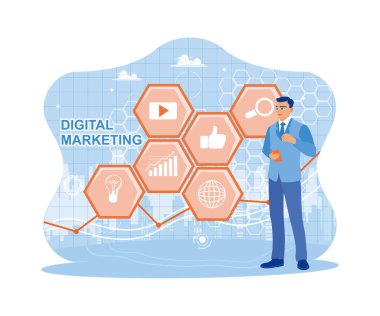 Dijital pazarlama ikonlarına karşı duran bir iş adamı. Dijital pazarlama içeriği planlama reklam stratejisi. trend düz vektör modern illüstrasyon