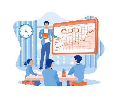 CEO iş adamı projektör ekranında ürün satış verilerini gösteriyor. Gelir büyütme stratejilerini tartışın. İş analizi konsepti. Düz vektör illüstrasyonu.