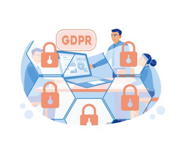 Dizüstü bilgisayarı olan adam genel veri koruması ve bilgi güvenliği kavramını ayarladı. Genel Veri Koruma Yönetmeliği veya GDPR Konsepti. düz vektör modern illüstrasyon