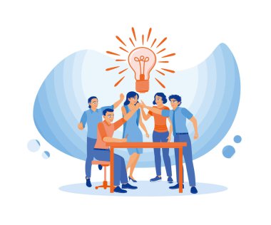 Yaratıcı insanların bir işte başarılı olmak için yeni fikirleri var. Beyin fırtınası. Takım iletişimi. düz vektör modern illüstrasyon