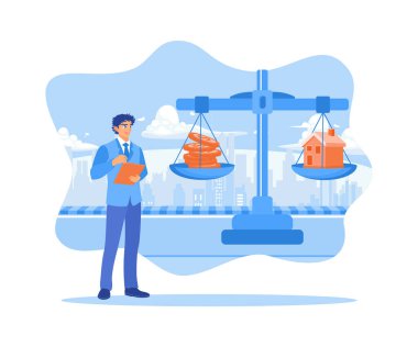 Bir iş adamı, küçük bir ev ve bir yığın madeni paranın modelini tartar. Ev Modeli Dengesi Dengesi Konsepti. Düz vektör illüstrasyonu.