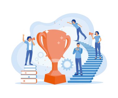 İş adamları iş hedeflerine ulaştıktan sonra başarıyı kutluyor. Meslektaşlar zaferi kutlar. Başarı İş Konsepti. düz vektör modern illüstrasyon