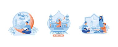 Genç bir çocuk Kuran okuyor. Yetişkin adam merdivenlerde dua ediyor. Müslüman çocuklar Ramazan 'ı memnuniyetle karşılıyorlar. Ramazan Kareem konsepti. Düz vektör resimlemesini ayarla.