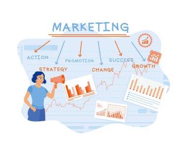 Kadınlar beyaz tahtada finansal grafikler ve grafiklerle pazarlama kavramları yaratırlar. Pazarlama konsepti. düz vektör modern illüstrasyon