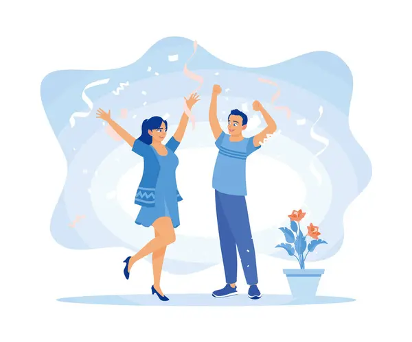 Homens Mulheres Celebram Felicidade Juntos Mãos Erguidas Com Confetes Voadores — Vetor de Stock