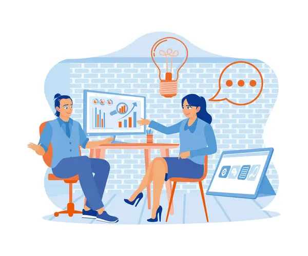 Two business people chatting while sitting behind computers in the office. The excited woman sharing business ideas with a handsome man. A team of people is sitting at desks with laptops. flat vector modern illustration