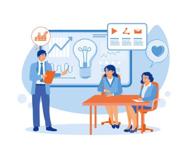 Reklam ajansı çalışanı kadın müşterilere kampanya fikirlerini sunuyor ve sunuyor. İş tanıtım stratejisi, dijital pazarlama. Ajans çalışanı bir müşteriyle buluşuyor. düz vektör modern illüstrasyon