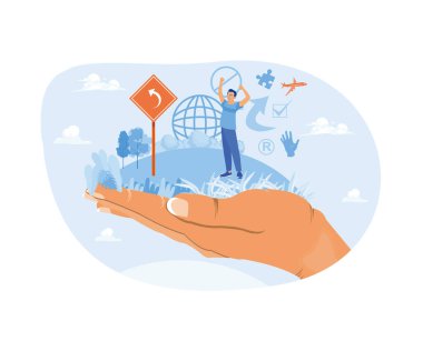 Büyük bir el yeşil manzaralı bir insanı tutuyor. Küreyle çevre dostu kavram. Gezegen kavramını kurtarıyorum. Modern vektör düz resimleme eğilimi