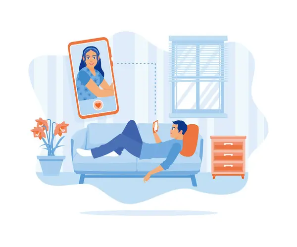 一个男人躺在客厅的沙发上 发现了一个漂亮姑娘的画像 社交媒体约会应用程序 网上约会的概念 平面矢量图解 — 图库矢量图片