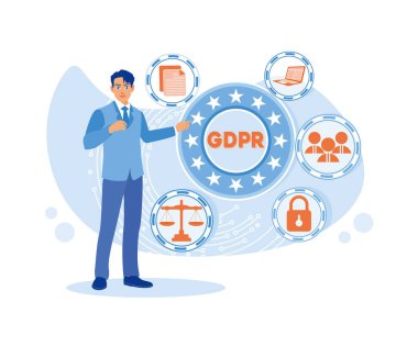 Bir adam ayakta duruyor ve dokunmatik ekranda GDPR onayına dokunuyor. Veri korunması için genel kurallar. düz vektör modern illüstrasyon